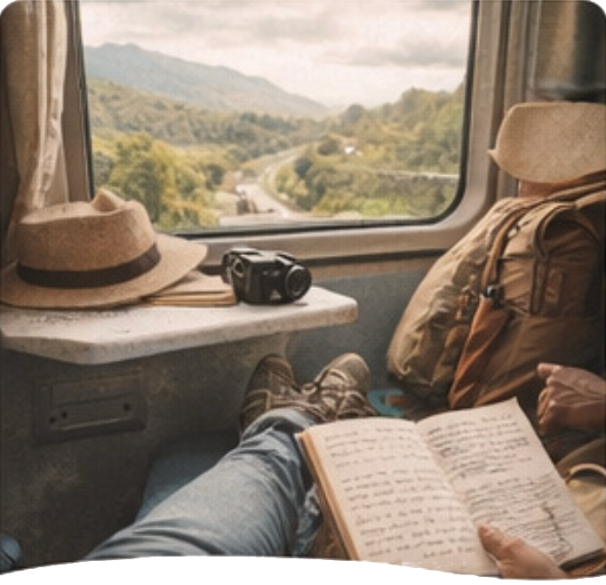 Personne dans un train avec un journal de voyage face à un beau paysage
