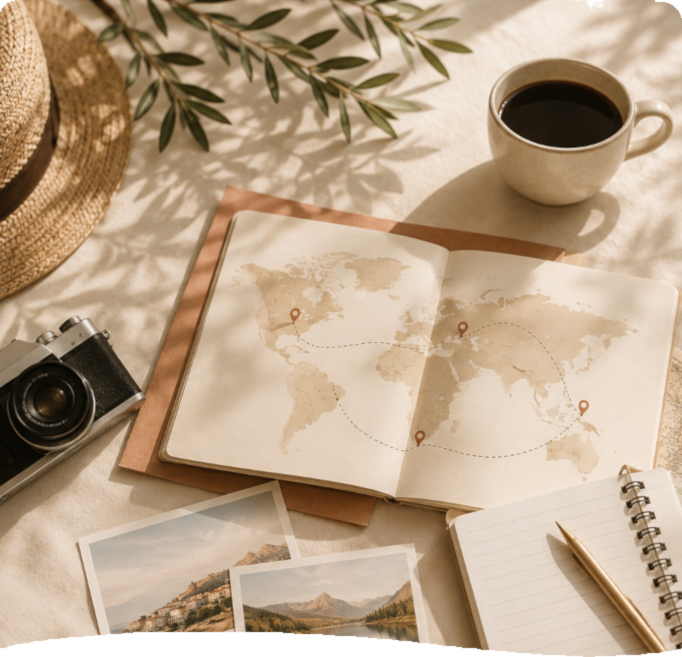 Personne buvant un café devant une carte du monde