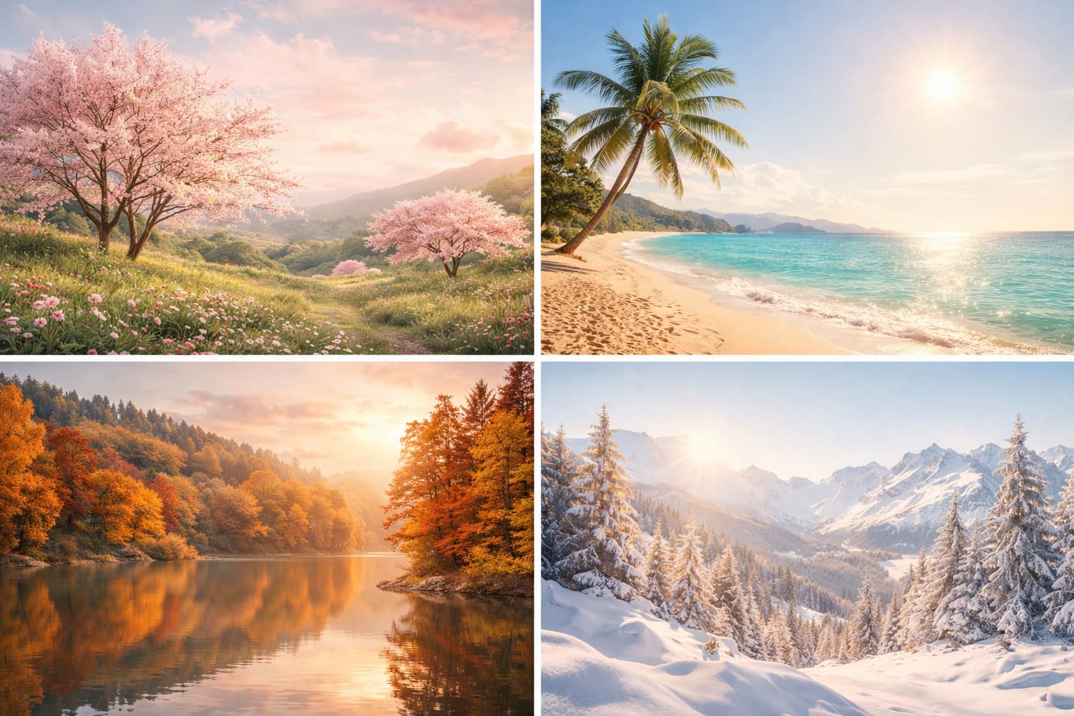 Sélection de paysages à travers les quatre saisons pour choisir sa destination de voyage idéale chaque mois de l'année.